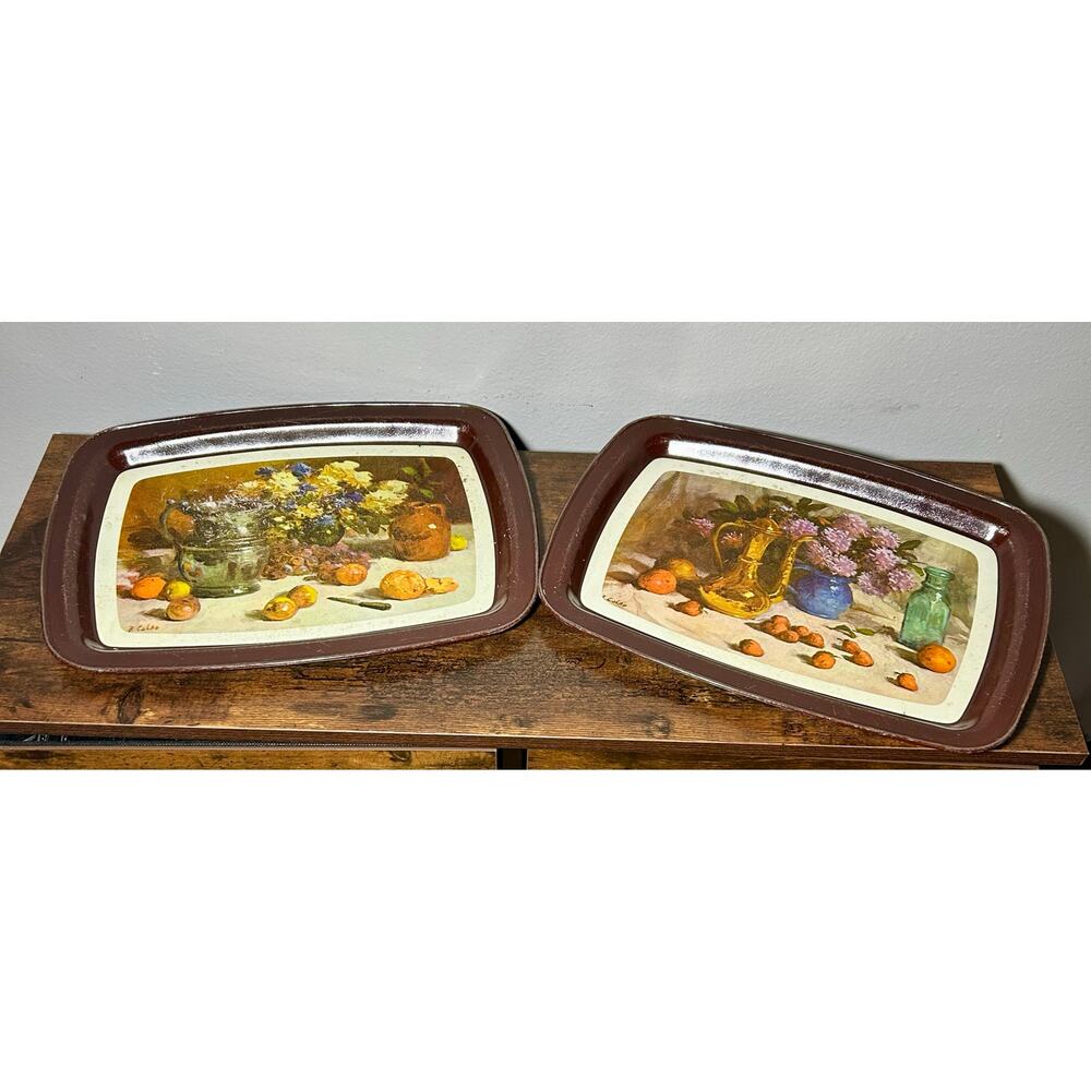 Vintage Metal Tray Set of 2 Fruit & Flowers R Colad 14.5” x 11”